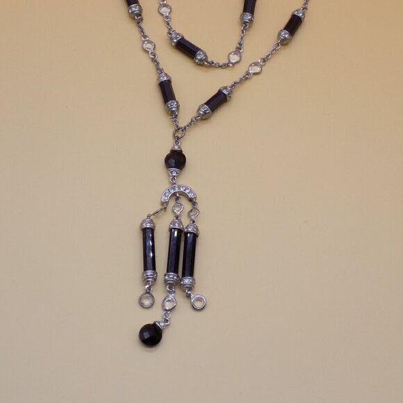 Art Deco Style Black Bead Necklace Silver-tone Clear Stone Station 2 Row Layered - Picture 7 of 10